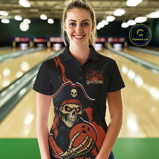 Custom Black And Orange Pirate Bowling Women Polo Shirt, Pirate Bowling Team Jerseys IPHW10709