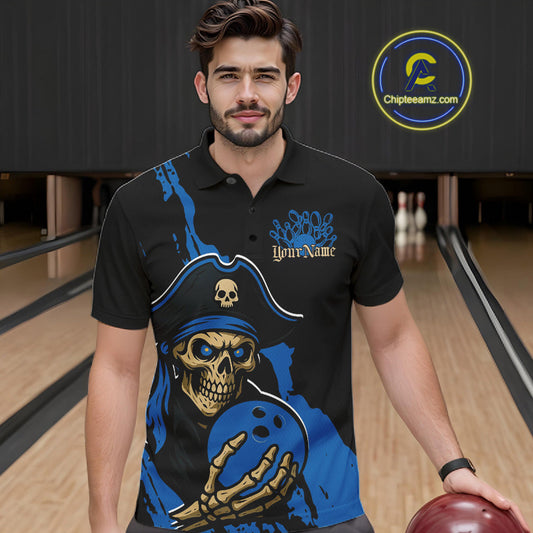 Custom Black And Blue Pirate Bowling Men Polo Shirt, Pirate Bowling Team Jerseys IPHW10710