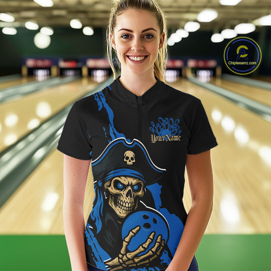 Custom Black And Blue Pirate Bowling Women Shirt, Pirate Bowling Team Jerseys IPHW10710