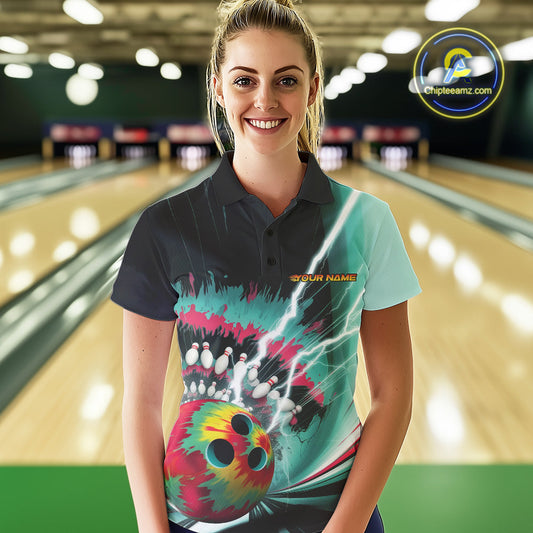 Custom Colorful Tie Dye Bowling Polo Shirts For Women, Rainbow Bowlers Outfit IPHW9117