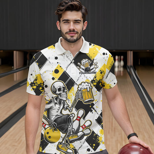 Custom Yellow Argyle Pattern Funny Skeleton Bowling And Beer Men Polo Shirts, Team Outfit IPHW8892