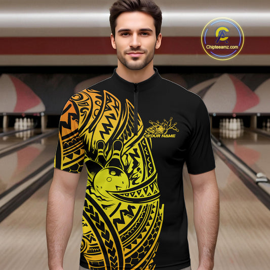 Male model wearing a black and gold bowling quarter-zip shirt at the lane with Polynesian-style bowling artwork.