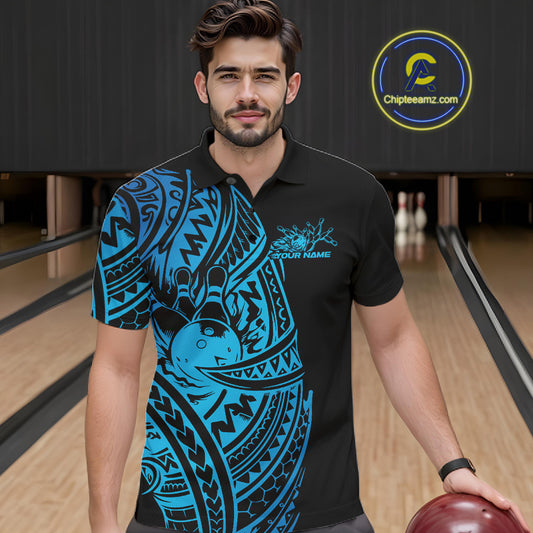 Male model wearing a black and blue bowling polo shirt at the bowling lane with striking tribal bowling graphics and swirl accents.