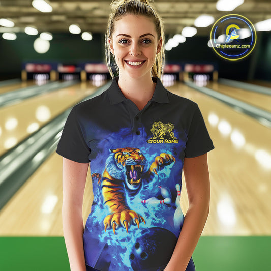Custom Blue Fire Flame Tiger Bowling Team Polo Shirts For Women, Tiger Bowling Jerseys IPHW9480