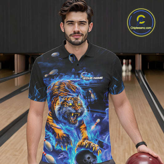 Custom Blue Fire Flame Tiger Bowling Team Polo Shirts For Men, Tiger Bowling Jerseys IPHW9481
