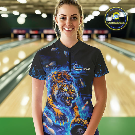 Custom Blue Fire Flame Tiger Bowling Team Women Quarter-Zip Shirts, Tiger Bowling Jerseys IPHW9481