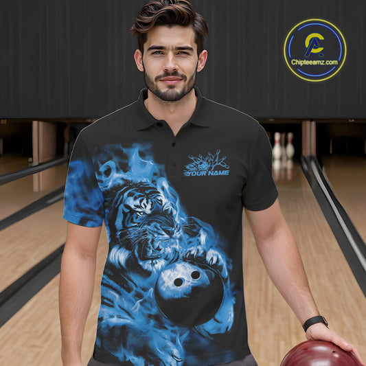 Custom Blue Fire Flame Tiger Bowling Jerseys, Bowling Team Men Polo Shirts IPHW9487