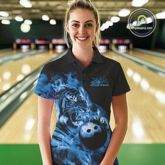 Custom Blue Fire Flame Tiger Bowling Jerseys, Bowling Team Women Polo Shirts IPHW9487
