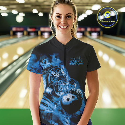 Custom Blue Fire Flame Tiger Bowling Jerseys, Bowling Team Women Quarter-Zip Shirts IPHW9487
