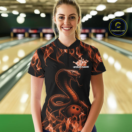 Custom Black And Orange Flame Cobra Snake Bowling Women Shirts, Bowling League Shirt IPHW10767