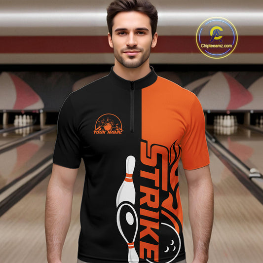 Custom Black And Orange Flame Strike Bowling Men Quarter-Zip Shirt, Bowling Tournament Shirt IPHW10250