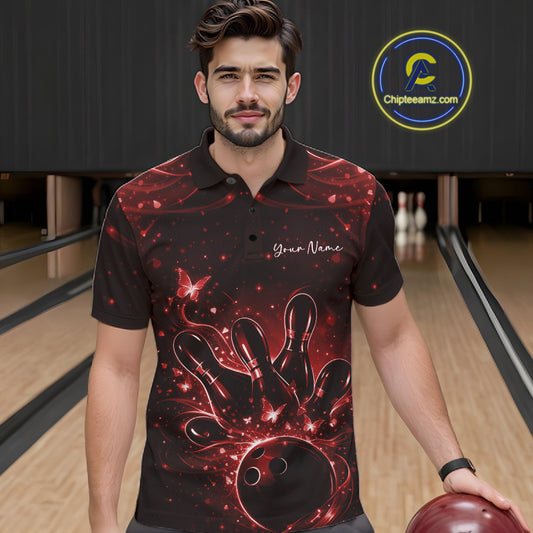 Male model in a black and red bowling polo shirt at the lane with butterfly-accented bowling artwork.