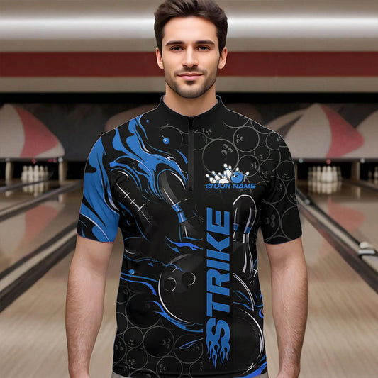 Custom Black And Blue Flame Strike Bowling Team Quarter-Zip Shirts For Men, Strike Bowling Jerseys IPHW8611
