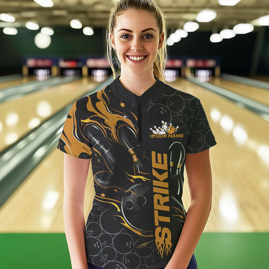 Custom Black And Gold Flame Strike Bowling Team Womens Quarter-Zip Shirt, Bowling Jerseys IPHW8614