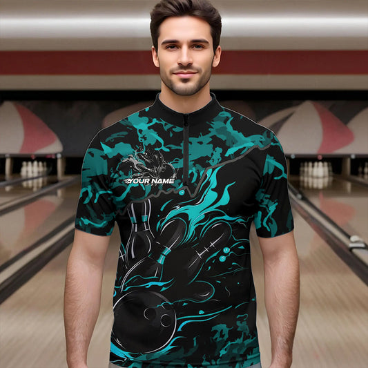 Custom Black And Blue Camo Flame Bowling Team Quarter-Zip Shirts For Men, Bowling Tournament Shirt IPHW8623