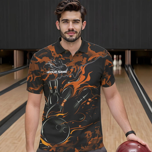 Custom Black And Orange Camo Flame Bowling Team Polo Shirts For Men, Bowling Tournament Shirt IPHW8624