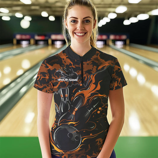 Custom Black And Orange Camo Flame Bowling Womens Quarter-Zip Shirt, Bowling Tournament IPHW8624