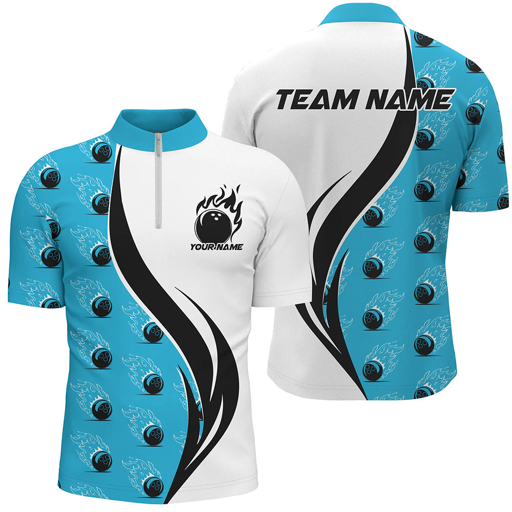 Custom Flame Bowling Polo Shirts For Men, Bowling Team Uniforms With Name | Blue IPHW6974