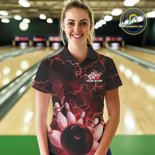 Custom Red Thunder Lightning Women Bowling Polo Team Shirts, Bowling Jerseys IPHW9505
