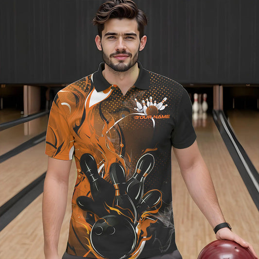 Black And Orange Custom Flame Bowling Polo Shirts For Men, Fire Bowling League Team Shirt IPHW8631