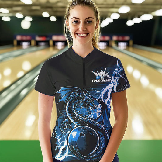 Custom Black And Blue Thunder Lightning Dragon Womens Quarter-Zip Shirts, Bowlers Outfits IPHW8663