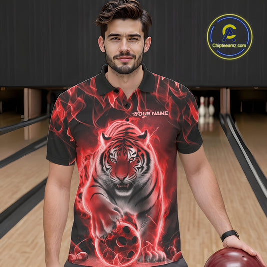 Custom Red Flame Tiger Bowling Polo Shirts For Men, Tiger Bowling Team Shirt IPHW9762