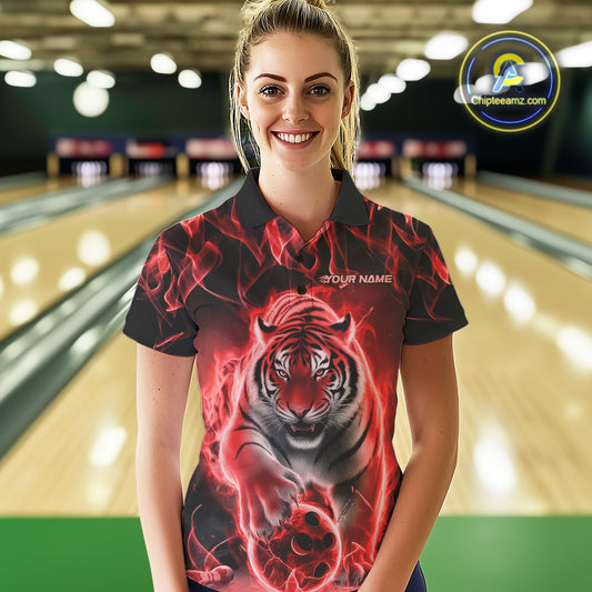Custom Red Flame Tiger Bowling Polo Shirts For Women, Tiger Bowling Team Shirt IPHW9762
