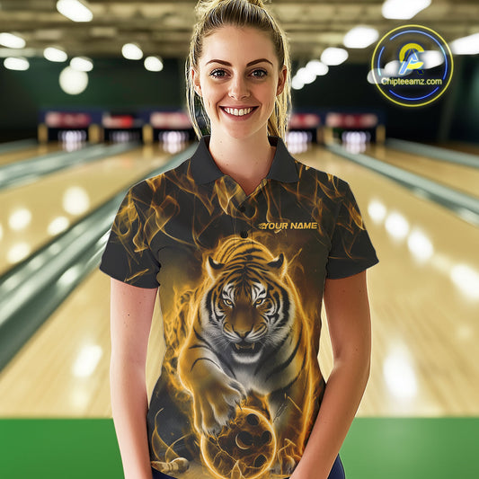 Custom Yellow Flame Tiger Bowling Polo Shirts For Women, Tiger Bowling Team Shirt IPHW9763