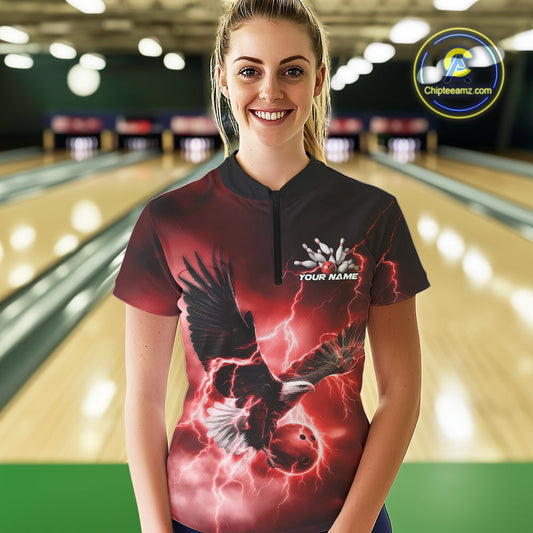 Custom Red Thunder Lightning Eagle Women Bowling Shirts, Eagle Bowling Team Jerseys IPHW10147