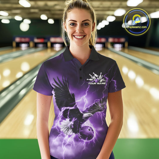 Custom Purple Thunder Lightning Eagle Bowling Women Polo Shirts, Eagle Bowling Jerseys IPHW10148
