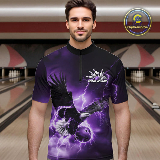 Custom Purple Thunder Lightning Eagle Bowling Men Quarter-Zip Shirts, Eagle Bowling Team Jerseys IPHW10148