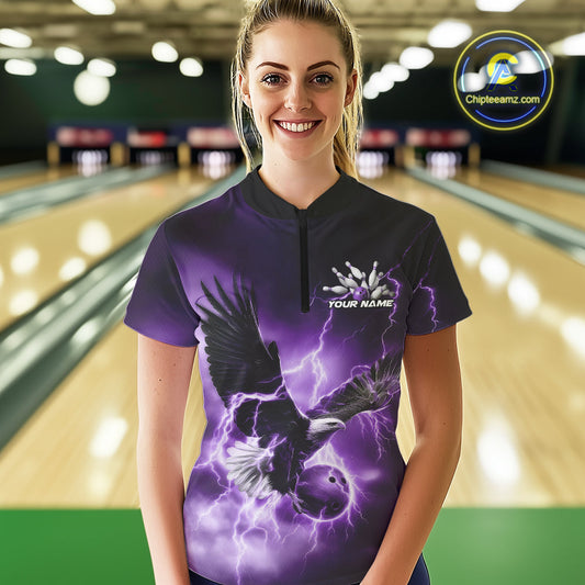 Custom Purple Thunder Lightning Eagle Women Bowling Shirts, Eagle Bowling Team Jerseys IPHW10148