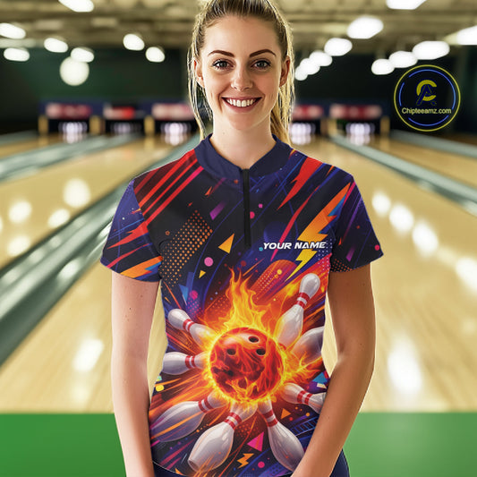 Custom Colorful Fire Flame Bowling Team Women Quarter-Zip Shirt, Bowling League Shirt IPHW10297