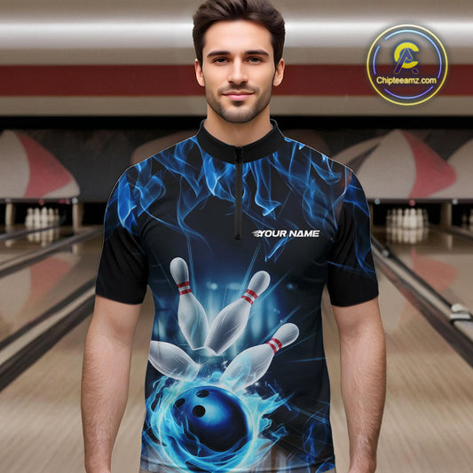 Custom Black And Blue Flame Bowling Team Quarter-Zip Shirts For Men, Fire Bowling League Shirt IPHW9386