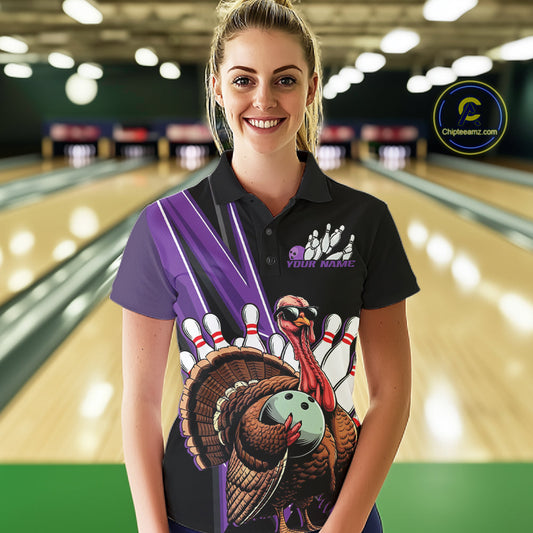 Black And Purple Custom Funny Turkey Bowling Women Shirts, Bowling League Team Shirt IPHW10802