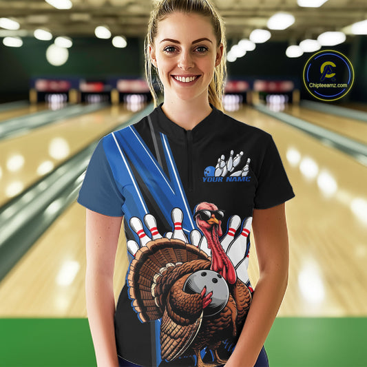 Black And Blue Custom Funny Turkey Bowling Women Shirts, Bowling League Team Shirt IPHW10804