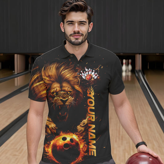 Custom Fire Flame Lion Bowling Team Polo Shirts For Men, Lion Bowling Tournament Shirt IPHW8979