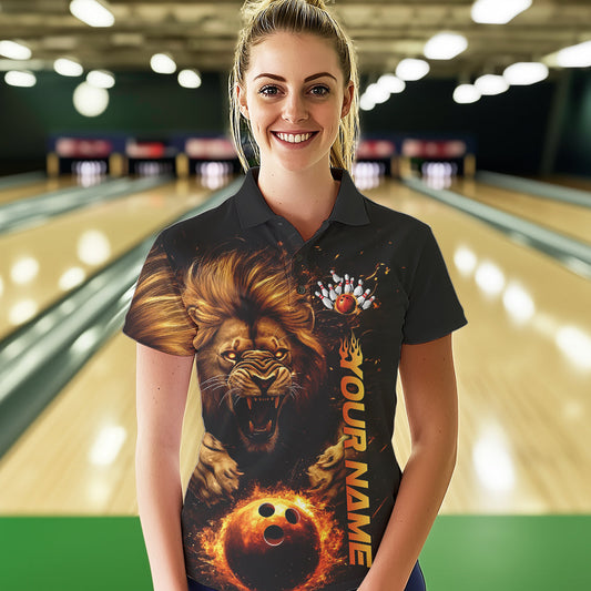 Custom Fire Flame Lion Bowling Team Polo Shirts For Women, Lion Bowling Tournament Shirt IPHW8979