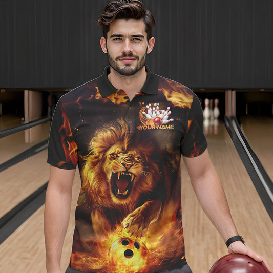 Custom Fire Flame Lion Bowling Polo Shirts For Men, Bowling League Shirt Team Uniform IPHW8980