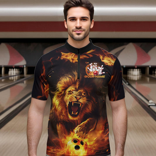 Custom Fire Flame Lion Bowling Quarter-Zip Shirts For Men, Bowling League Shirt Team Uniform IPHW8980