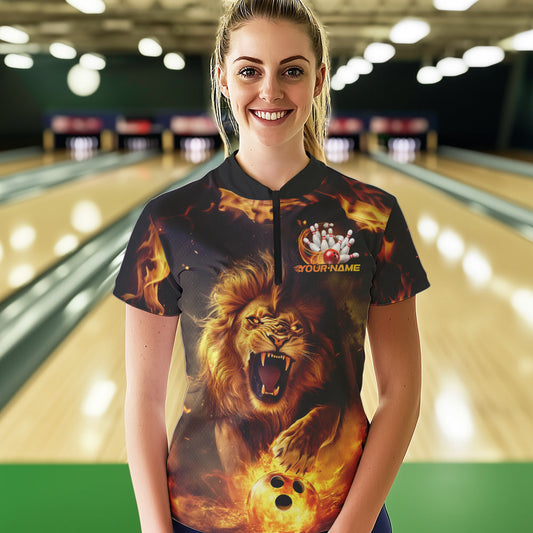 Custom Fire Flame Lion Bowling Quarter-Zip Shirts For Women, Bowling Team Uniform IPHW8980