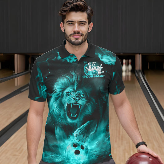 Custom Blue Flame Lion Bowling Polo Shirts For Men, Bowling League Shirt Team Uniform IPHW8982