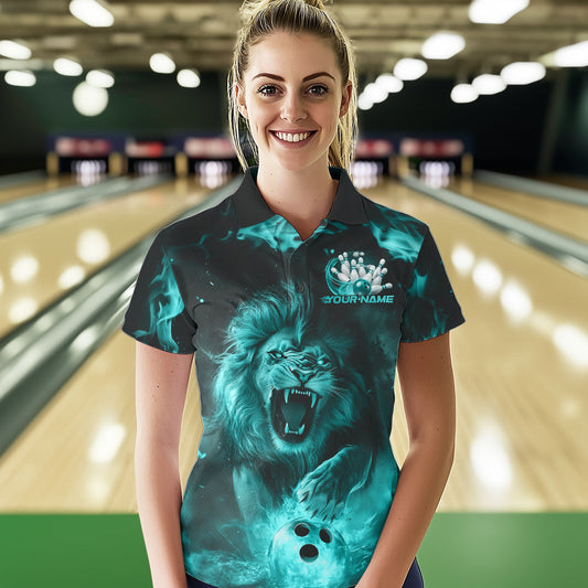 Custom Blue Flame Lion Bowling Polo Shirts For Women, Bowling League Shirt Team Uniform IPHW8982