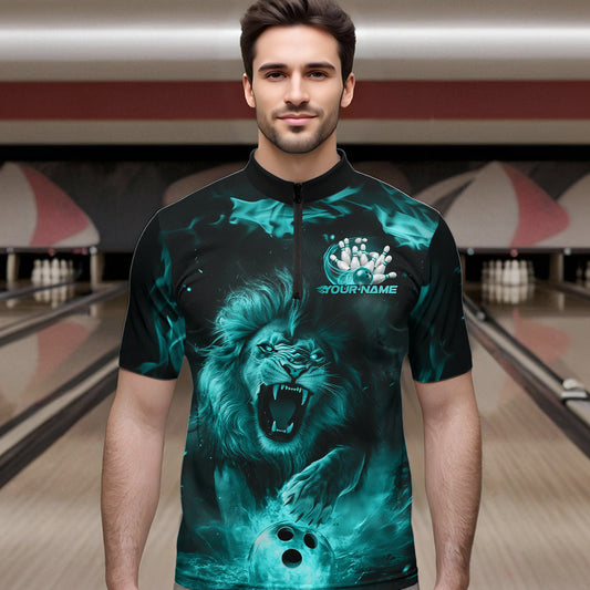 Custom Blue Flame Lion Bowling Quarter-Zip Shirts For Men, Bowling League Shirt Team Uniform IPHW8982