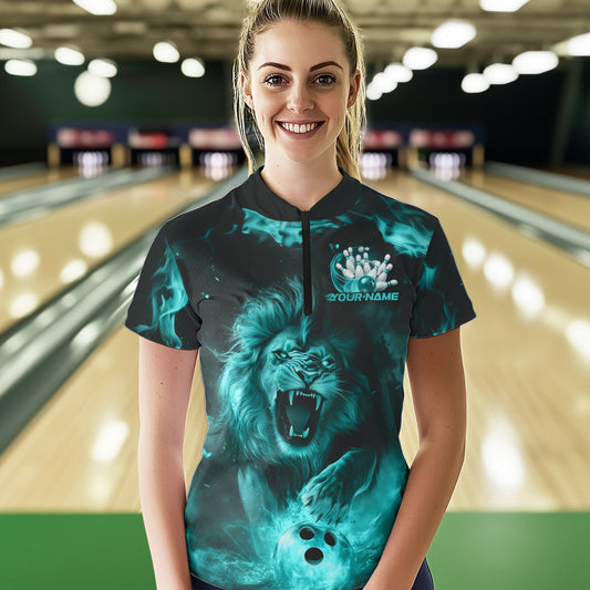 Custom Blue Flame Lion Bowling Quarter-Zip Shirts For Women, Bowling Team Uniform IPHW8982