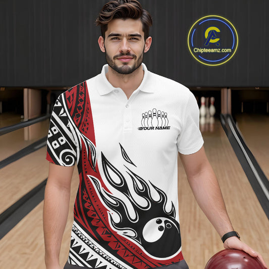 Custom Red Tribal Polynesian Pattern Men Bowling Team Shirt, Maori Style Bowling Outfit IPHW10326