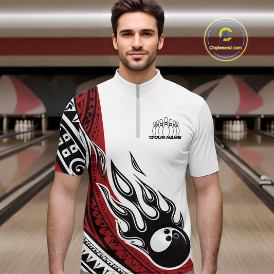 Custom Red Tribal Polynesian Pattern Men Bowling Team Shirt, Maori Style Bowling Outfit IPHW10326
