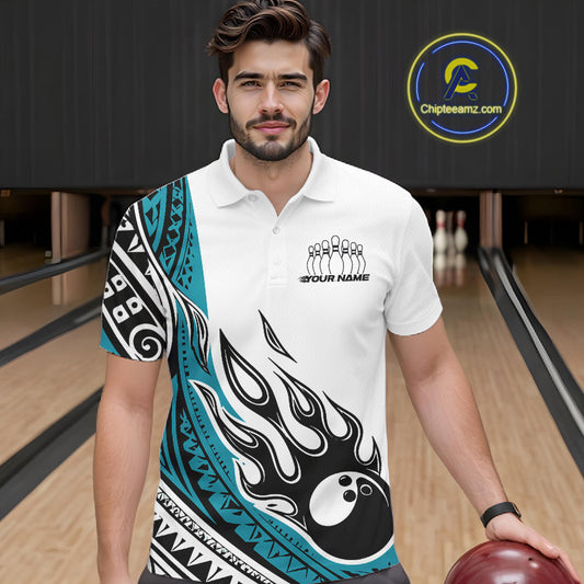 Custom Blue Tribal Polynesian Pattern Men Bowling Team Shirt, Maori Style Bowling Outfit IPHW10327