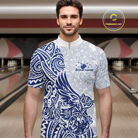 Custom Blue Tribal Tattoo Pattern Polynesian Owl Bowling Men Quarter-Zip Shirts IPHW10334