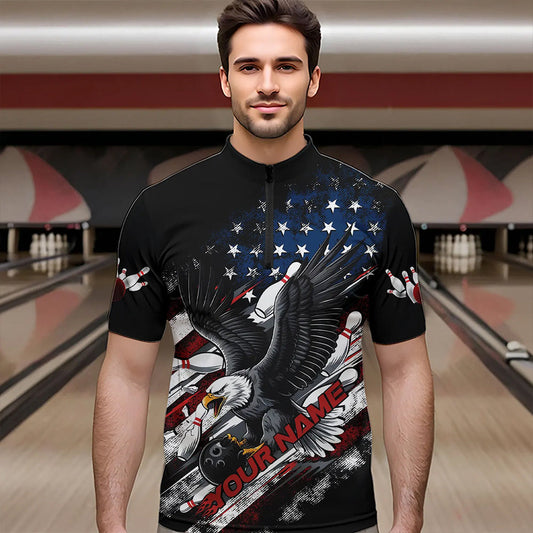 Personalized American Flag Eagle Men Bowling Quarter-Zip Shirts, Patriotic US Bowling League Shirt IPHW8731